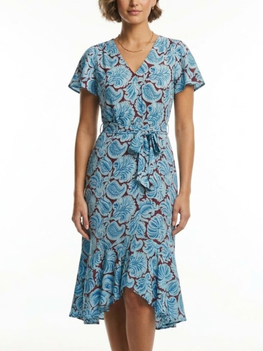 J. Crew Women's V-Neck Flutter-Hem Dress Aqua Paisley Size 4 Cottagecore Twee